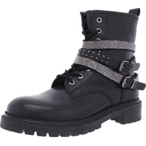 NIB Steve Madden Black Rhinestone-Strap Combat Boot